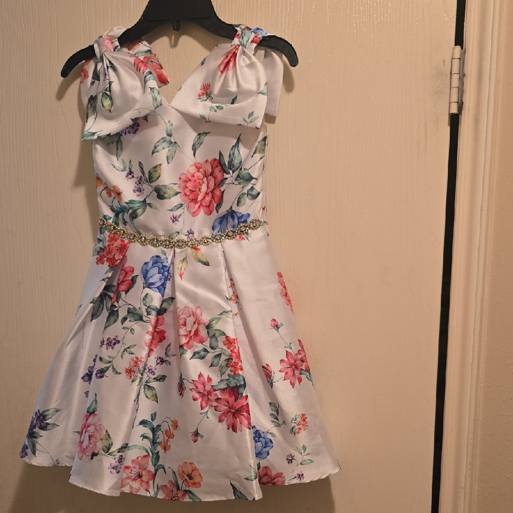 Rare Editions White Floral Dress with Bow Details